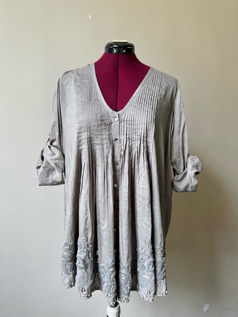 Jigsaw Beaded and Hand Embroidered Smock Blouse Pale Green